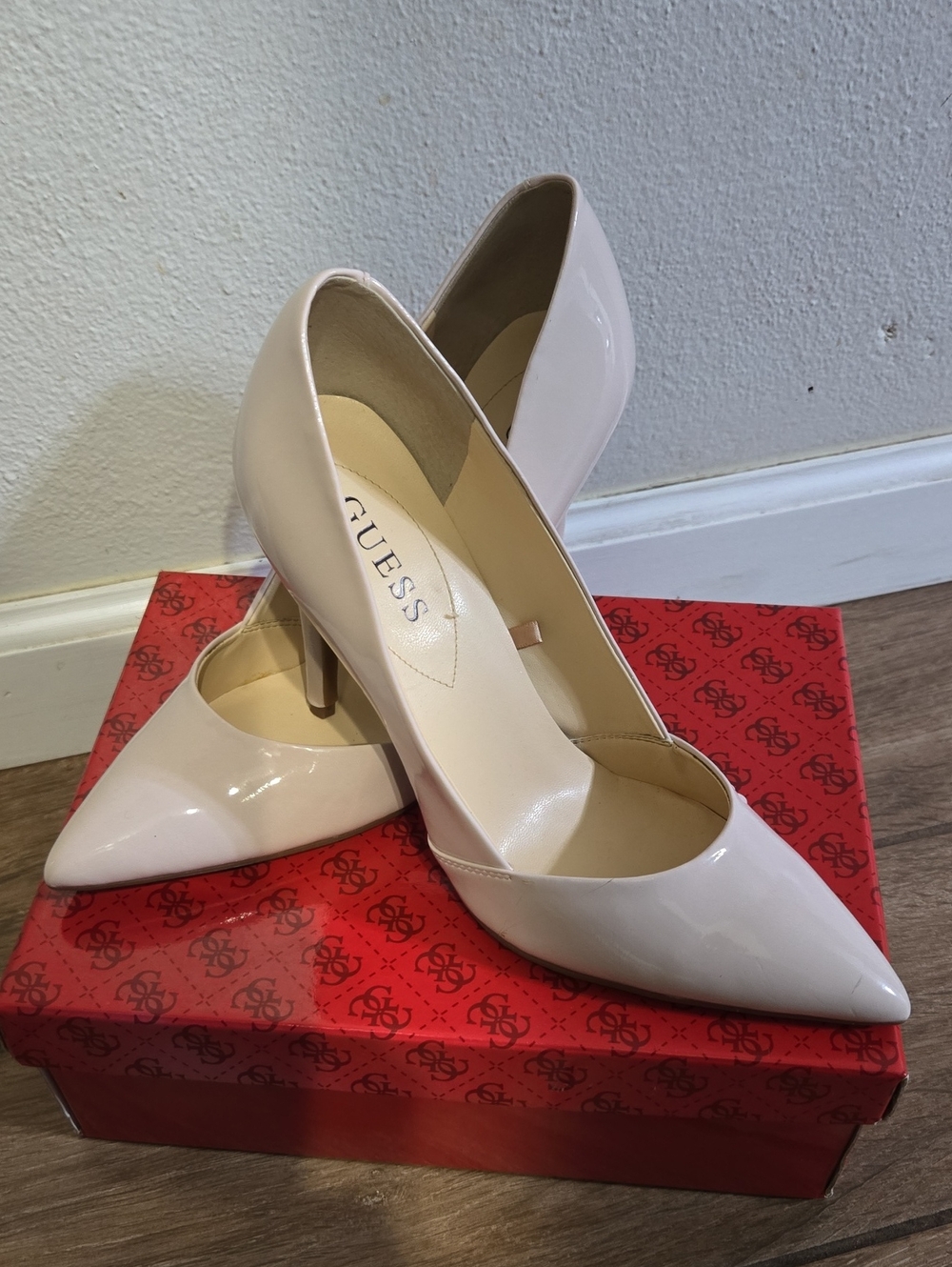GUESS Patent Pointed-Toe Pumps in Light Nude